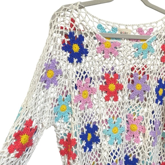 BiBi Crochet Floral Knit Long Sleeve Sweater Top Womens Size Medium Boho - Picture 3 of 8